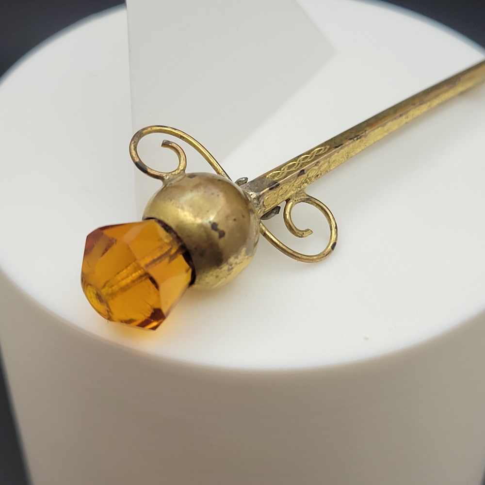 Vintage MCM Scottish Celtic Gold Plated Thistle Citrine Glass Sword Brooch